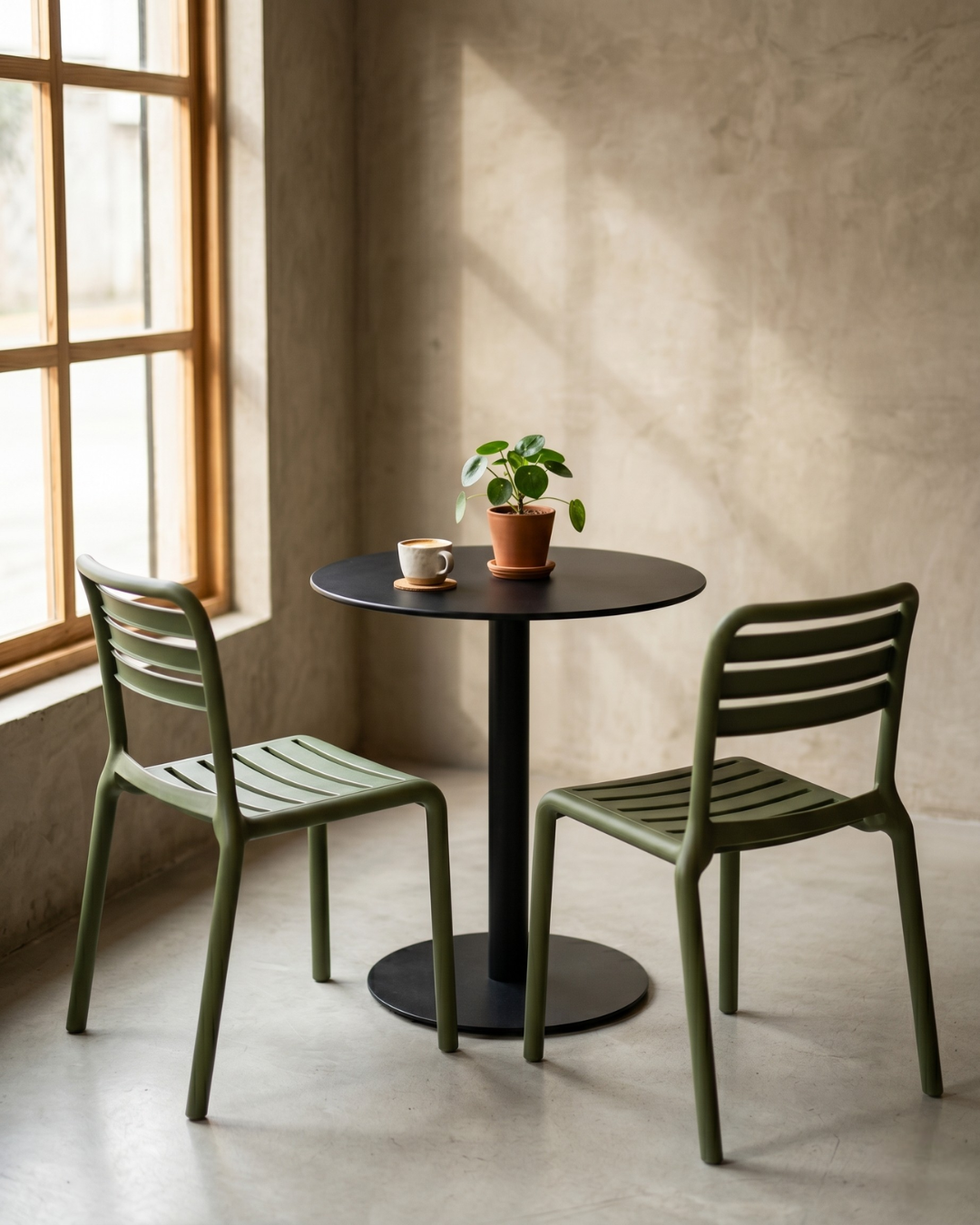 Kit Café Harmoor — Mesa Redonda 60cm + 2 Sillas Vento · Listo para instalar